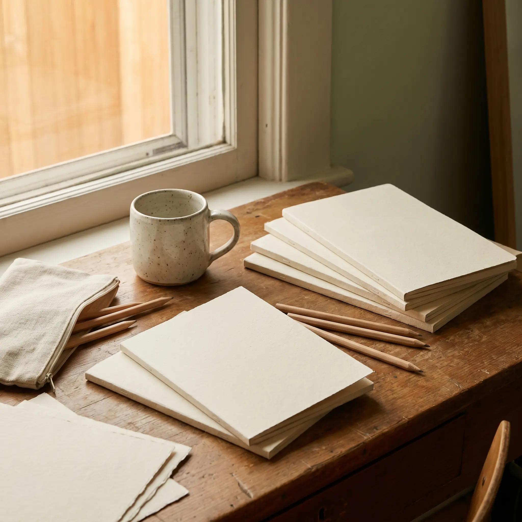 A quiet desk with pause notes, ceramic cup, and soft paper textures