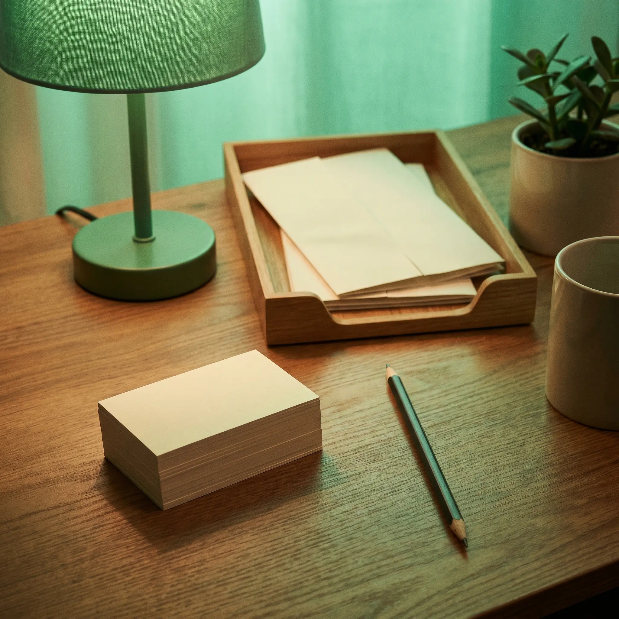 A quiet contact desk with blank cards and soft green light
