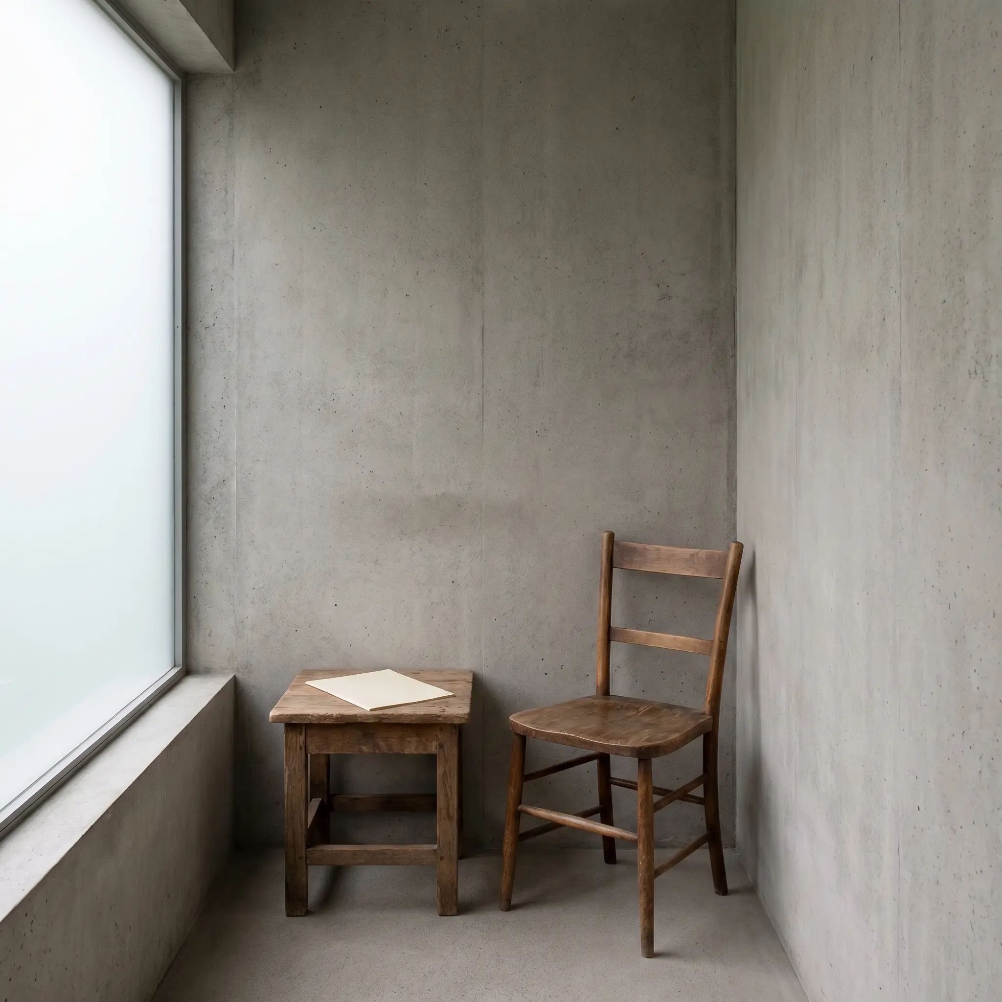 A quiet corridor corner with a chair, soft light, and blank paper