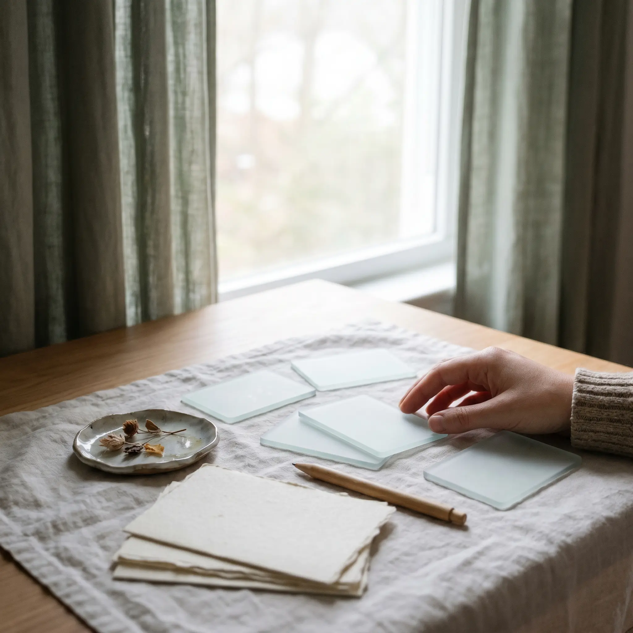 Tabletop pause cards and translucent tabs near a window