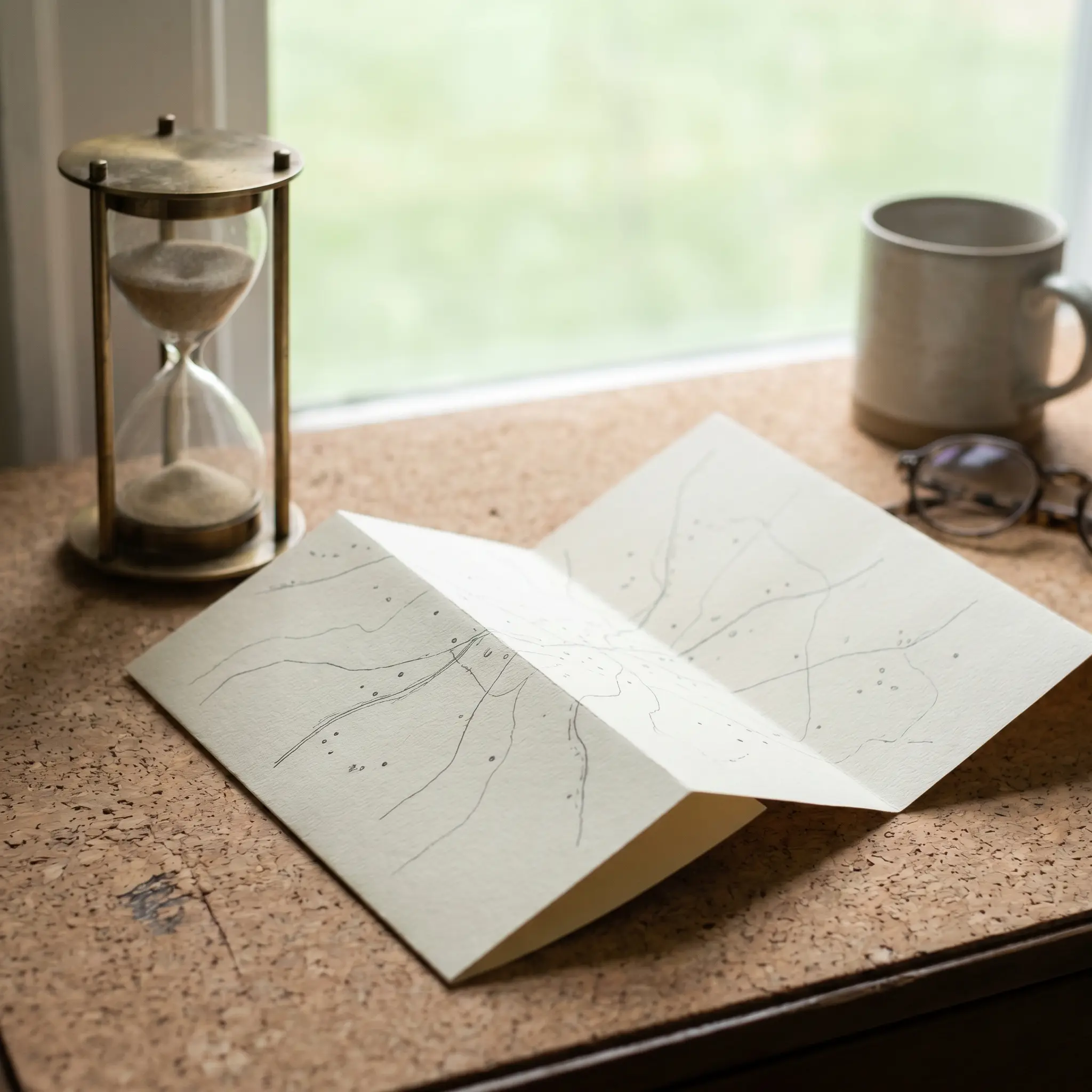 Folded pause map with a timer and paper markers in soft daylight