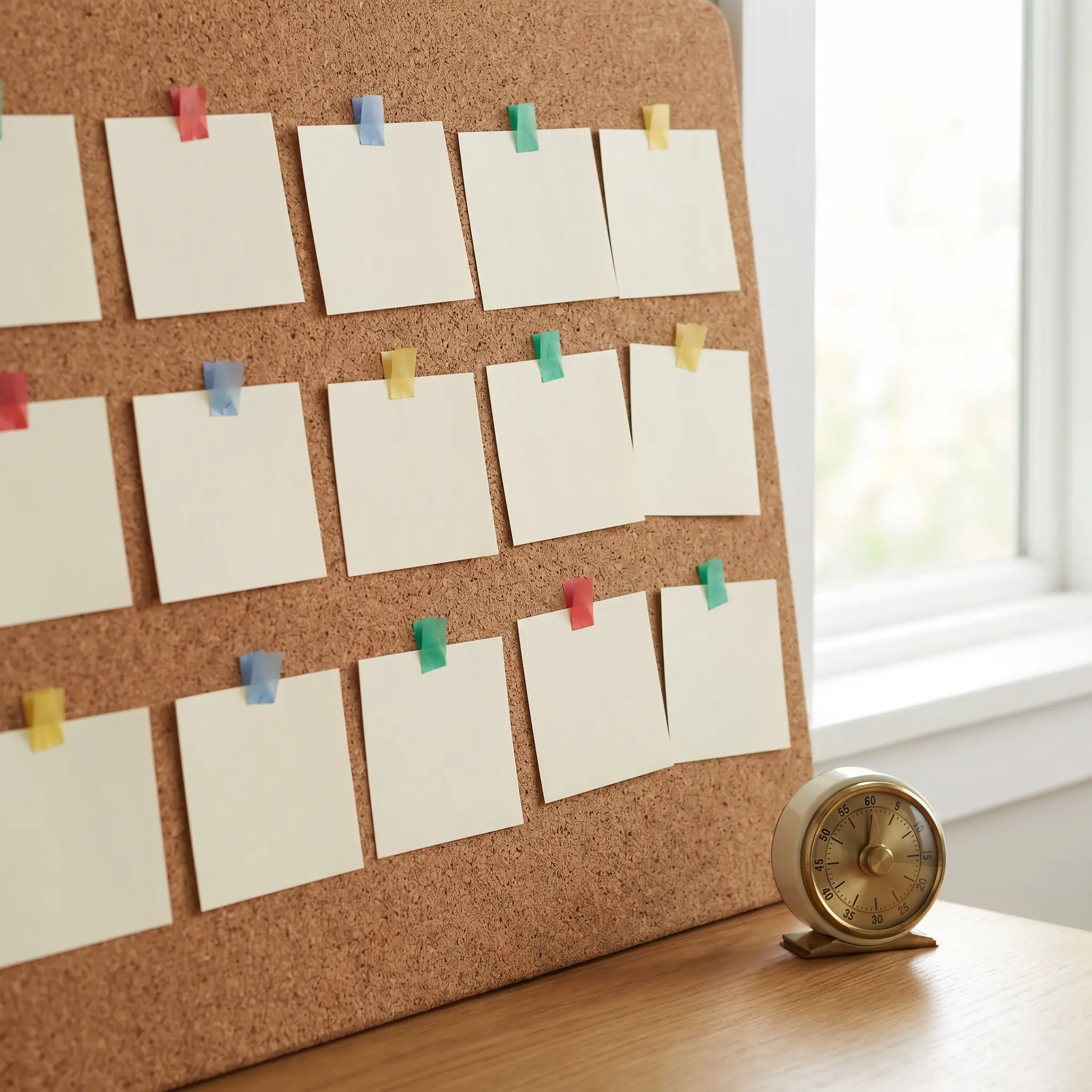 A board of blank interval cards, timer, and soft colored tabs
